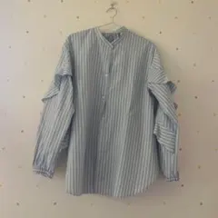 GU Lサイズ　青と白のストライプ フリル付き長袖シャツ