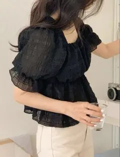 SHEIN DAZY パフスリーブ　ブラウス　ブラック　L