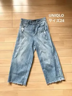 ユニクロ　ジーンズ　ダメージ加工　デニム　ブルー系　サイズ24 クロップド丈