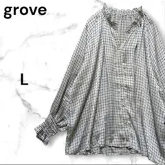 grove　千鳥格子柄　フリルネック　長袖　ブラウス　Lサイズ　グレー