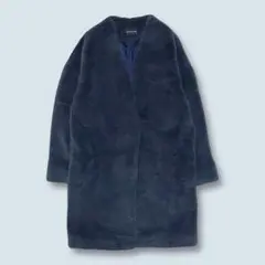 JEANASIS ボリュームファー ノーカラーコート 紺 ネイビー もこもこ