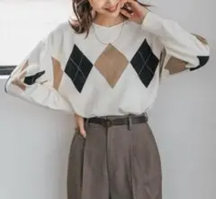 GLOBAL WORK　アーガイル柄　長袖Vネックニット　アイボリー　春秋冬　S