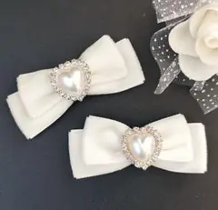 ヘアクリップリボン ベルベット ベロア ホワイト 白 量産型 パール