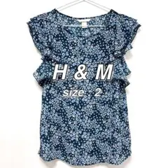 H&M 小花柄 フリルブラウス S~Mサイズ2 ブルー ネイビー 半袖 涼しげ