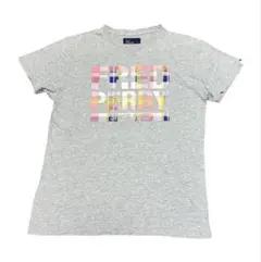 FRED PERRY フレッドペリー チェック柄ロゴ 半袖Tシャツ グレーのサムネイル