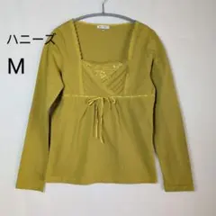 ハニーズ長袖カットソー99 Mサイズ マスタード リボン レース 春秋 無地