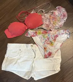 水着 ピンク ビキニ 4点セット ホワイト ショートパンツ付き