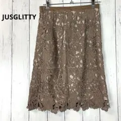 JUSGLITTY レースタイトスカート 膝丈 刺繍　ブラウン　 0サイズ