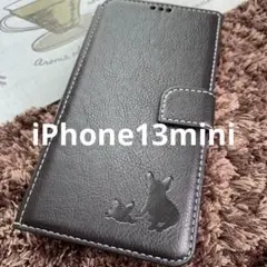 iPhone13mini 手帳型ケース　本革　黒　フレブル　犬　シルエット　子犬