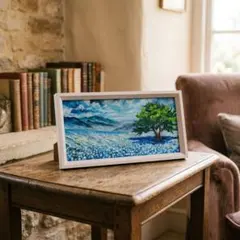 油絵 原画「幸せを運ぶネモフィラの花園」A4 額縁・ラッピング付 厚