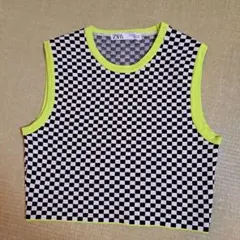 ZARA ノースリーブ クロップトップ チェック柄 蛍光イエロー