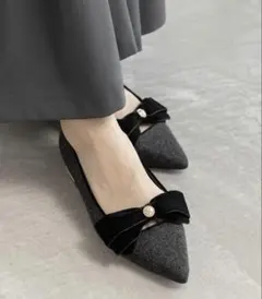 RANDA ベロアリボンクラシカルフラットパンプス ブラック 24.0cm