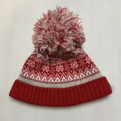 ベビーニット帽　女の子　コムサ　ポンポン付　赤