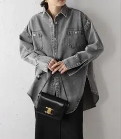 ボンジュールサガン　スナップボタンデニムシャツジャケット　ライトブラック　○