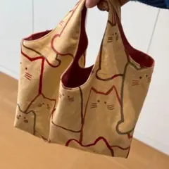 猫デザイン エコバッグ ベージュ