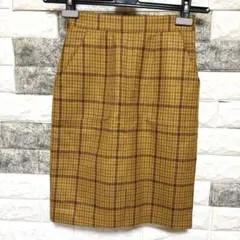 【アプワイザーリッシェ】美品タイトスカート 膝丈Sイエローチェックウール100%