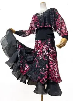 【華麗】新品 社交ダンス 2WAYセットアップツーピース 赤花柄 フリルｒ193 華麗】新品 社交ダンス 2WAYセットアップツーピース 赤花柄 フリル