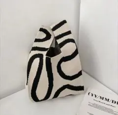 204 白×黒 シック　ニットバッグ エコバッグ ニット ミニトート 韓国