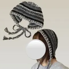 【一点物】 ハンドメイド ボンネット バラクラバ ニット帽 グレー ボーダー