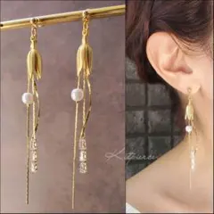 No.34 マットゴールド お花のゆらゆらチェーンピアス