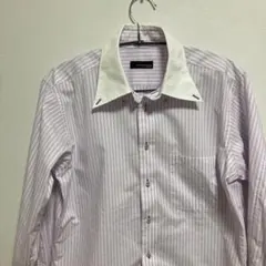 美品　ワークシャツ　薄紫と白のストライプ長袖シャツ　冠婚葬祭　式服