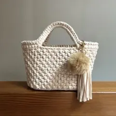 アイボリー×Tシャツヤーン　ズパゲッティ マルシェバッグ　大きめサイズ