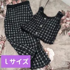 シャギーニットチェック柄トップスXタイトスカートセットアップ