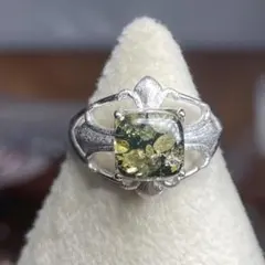 天然石リング　緑花珀　アンバー　高透明シラー　8*8mm SV925刻印