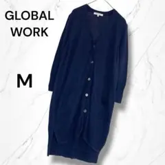 【グローバルワーク】Vネック七分袖ロングニットカーディガン Mネイビー薄手