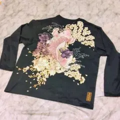 絡繰魂 3L 桃鯉滝登り 刺繍 和柄 ロングTシャツ 黒 2XLのサムネイル