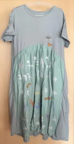 【匿名配送】スーパーハッカ　山の衣プリント＆刺しゅう×天竺　ワンピース　グリーン