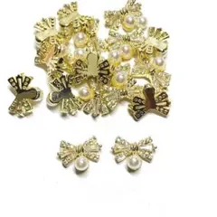 パール　リボン　ジュエリー　ゴールド　ジルコニア ネイル パーツ　量産型　スナ系