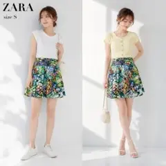 【美品】ザラ ZARA ミニスカート 花柄 水彩画風 マルチカラー Sのサムネイル