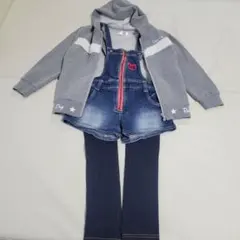 Cathyフード付きジャケット BeBeデニムオーバーオール レギンス３点セット