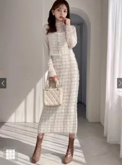 値下！シャギーニットチェック柄トップスXタイトスカートセットアップ[dr491]