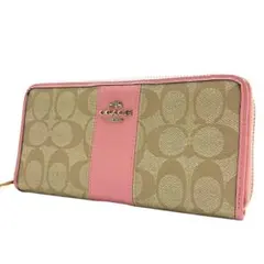 coach コーチ　長財布　シグネチャー　ピンク　ラウンドジッパー　ベージュ
