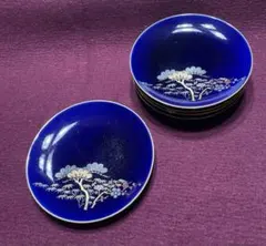 香蘭ブルーの吉祥模様（松竹梅）銘々皿　5客　箱無し　No.42のサムネイル