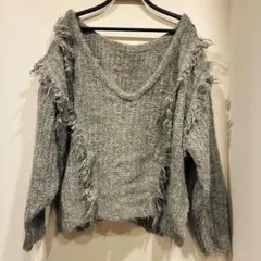 【トレンド感】MONO-MART フリンジニット グレー Mサイズ