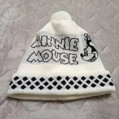 Disney ディズニー/ ミニーマウス ニット帽 白 黒 ポンポン ロゴ