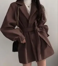 リボンベルト付きショートコート　ze684 グレイル　GRL アウター　ブラウン