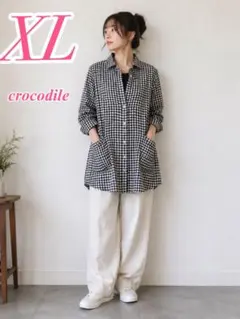 CROCODILE チェック柄 長袖シャツ 綿100 XL ブラック ホワイトのサムネイル