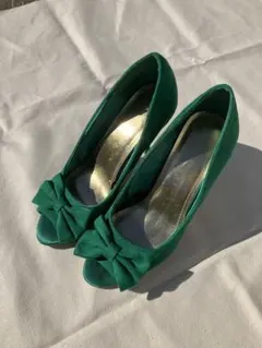 H&M グリーン リボン オープントゥ パンプス