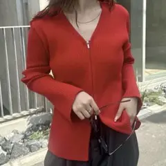 WZIP リブカーディガン　Ｖネック　レッド　ダブルジップのサムネイル