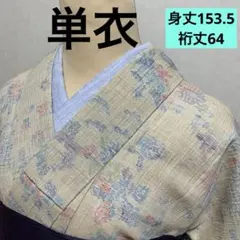 単衣着物　真綿紬　ベージュ✖️ピンク✖️ブルー　クリーム系