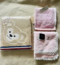クマ刺繍タオルとレース付きピンクタオル３点セット