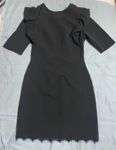 ZARA BASIC 黒 フリル リボン ひざ丈ワンピース