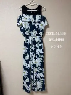 CECIL McBEE花柄オフショルオールインワン ネイビー フリルワイドパンツ