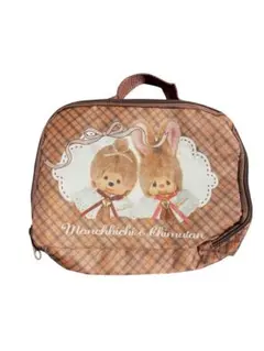 【美品】モンチッチ＆チムたん 持ち手付きポーチ バニティ チェック柄 ブラウン