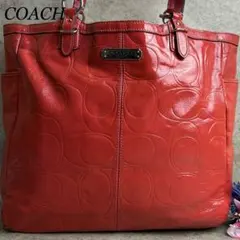 ✨良品✨️ コーチ COACH トートバッグ シグネチャー 総柄 エナメル 赤色