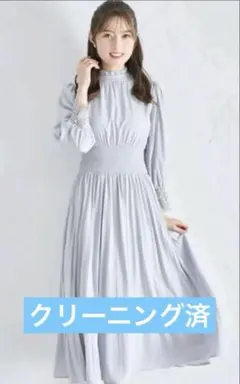 後ろリボン付き袖口レース切り替えウエストシャーリングプリーツワンピース